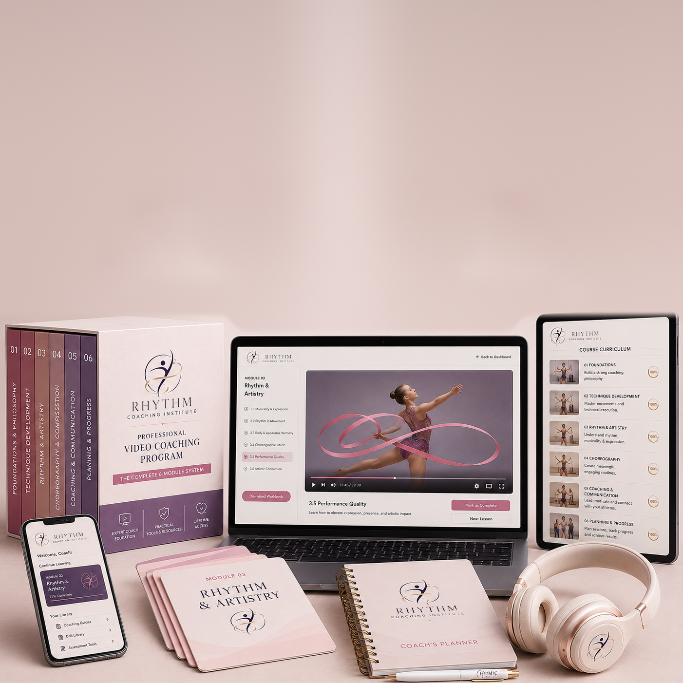 The Rhythmic Coaching Institute program shown on a laptop and tablet with its six professional modules
