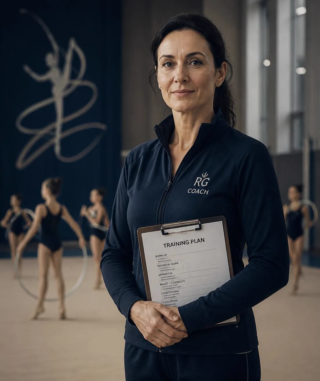 Portrait of the program instructor holding a training plan in the gym